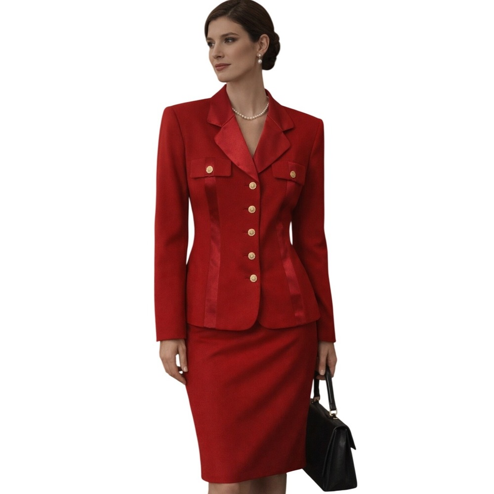 Vtg Morgan Miller Red Gold 2pc Skirt Suit 8 Office Siren Executive Career Chic‎
